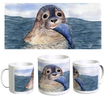 Tasse Becher Kaffeebecher  Aquarell Maritim Kunst Druck Kunstdruck Seehund mit Fisch Robbe Heuler Kegelrobbe Dänemark Nordsee Ostsee